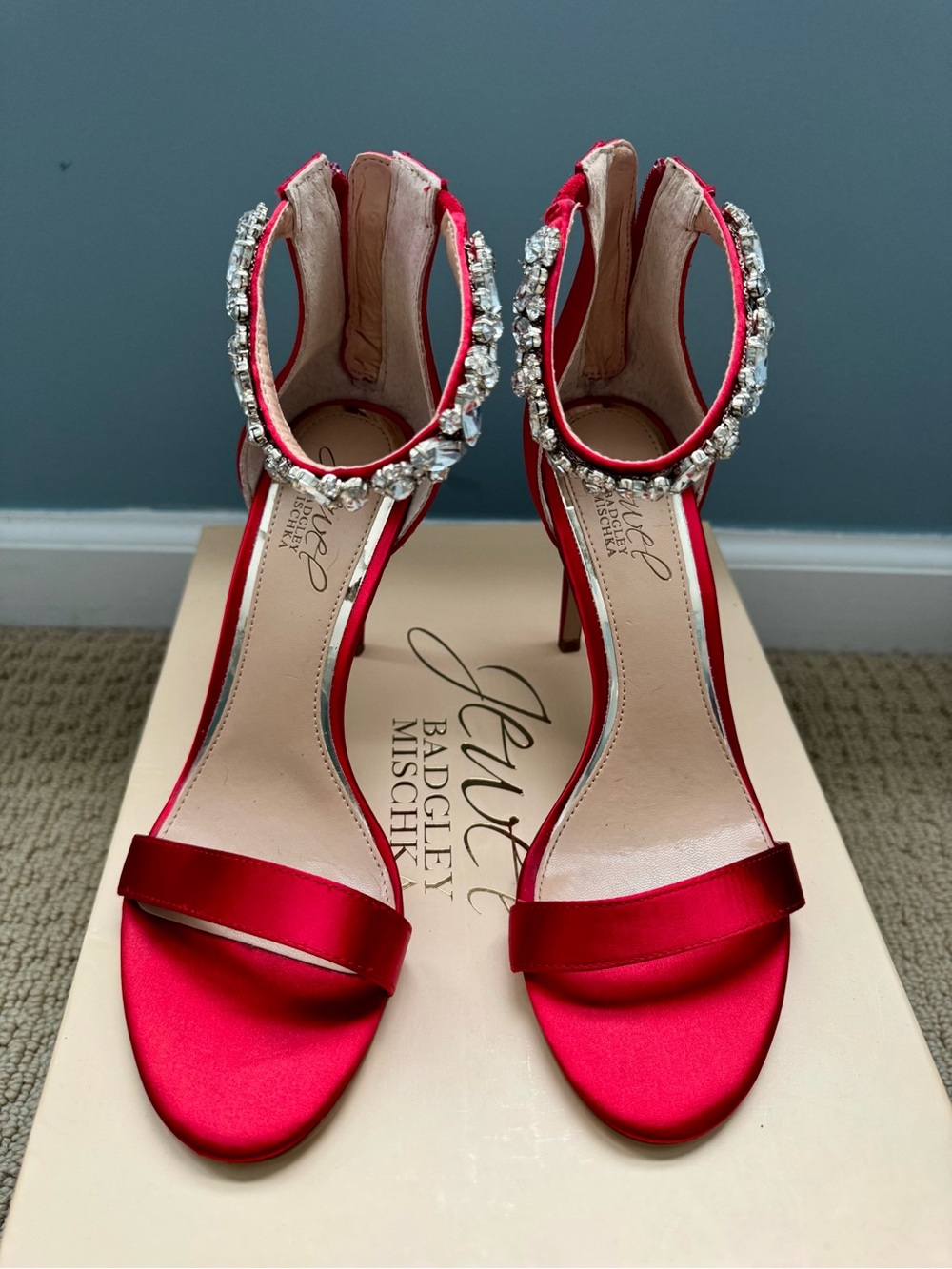 Badgley Mischka Red Satin Crystal-Ankle Strap Stilettos